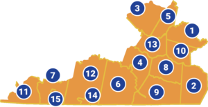 Virginia county map, showing locations targeted by Region 3 for economic growth in Southern Virginia.