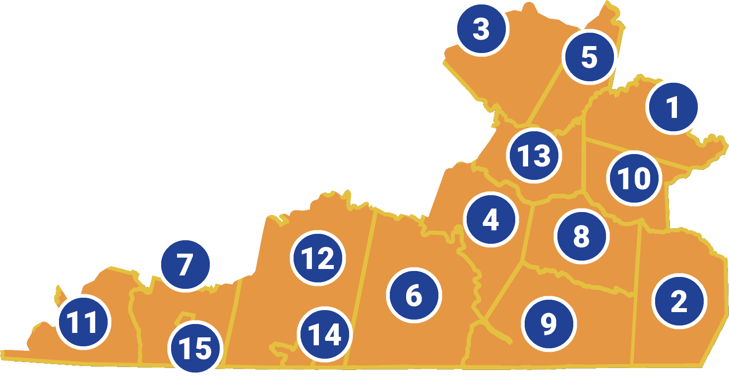 Virginia county map, showing locations targeted by Region 3 for economic growth in Southern Virginia.
