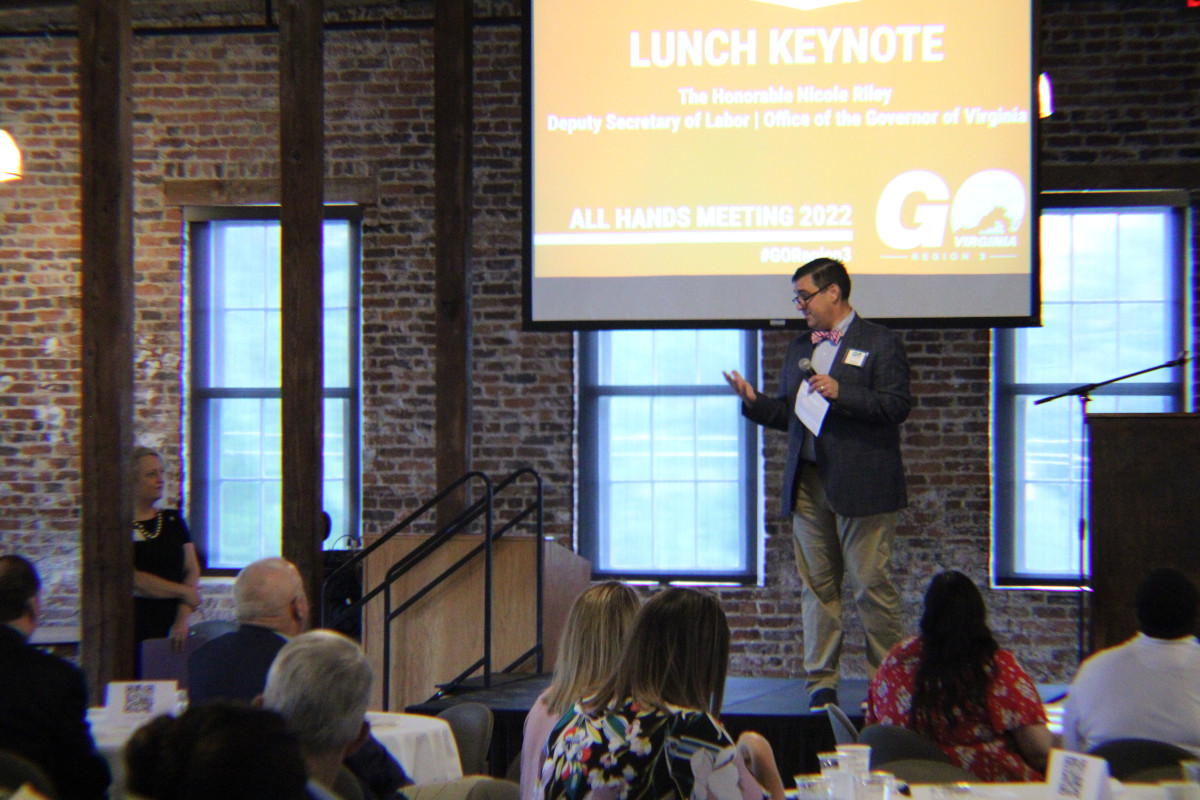 GOVA Region 3 Incoming Council Chair Tim Clark welcomes keynote speaker the Honorable Nicole Riley, deputy secretary of labor at the office of the Governor of Virginia.